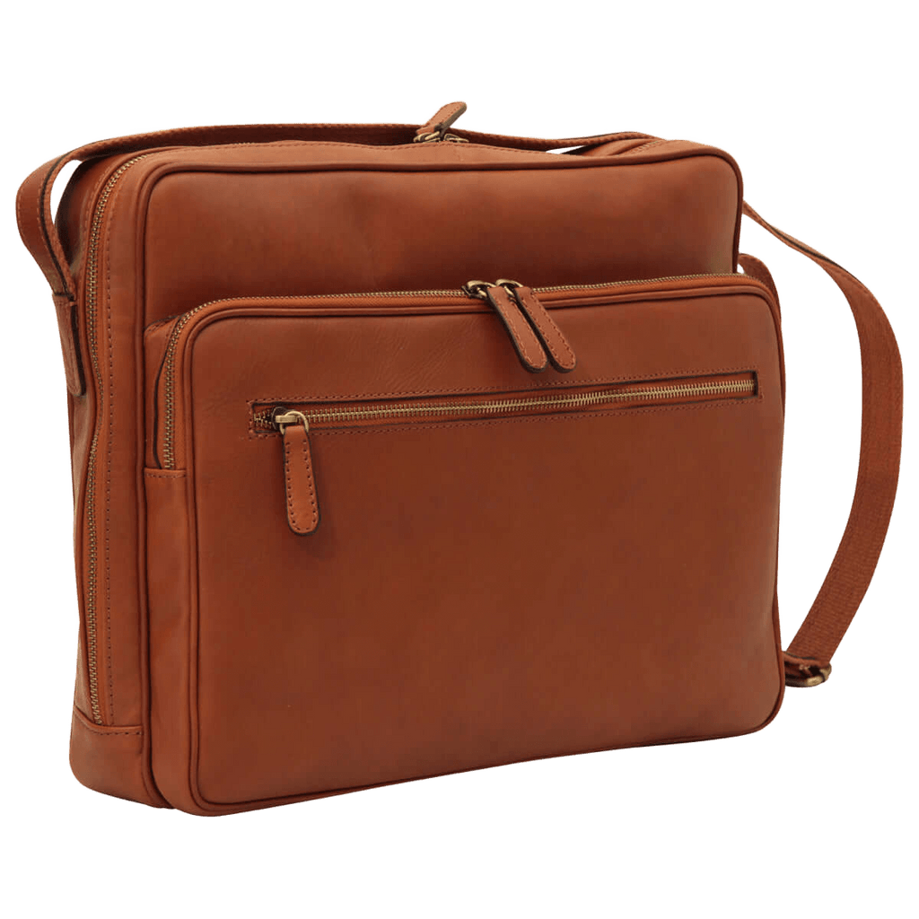 Borsa in pelle marrone con tasca frontale a zip e tracolla regolabile