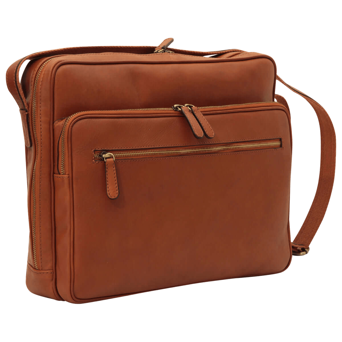 Borsa in pelle marrone con tasca frontale a zip e tracolla regolabile