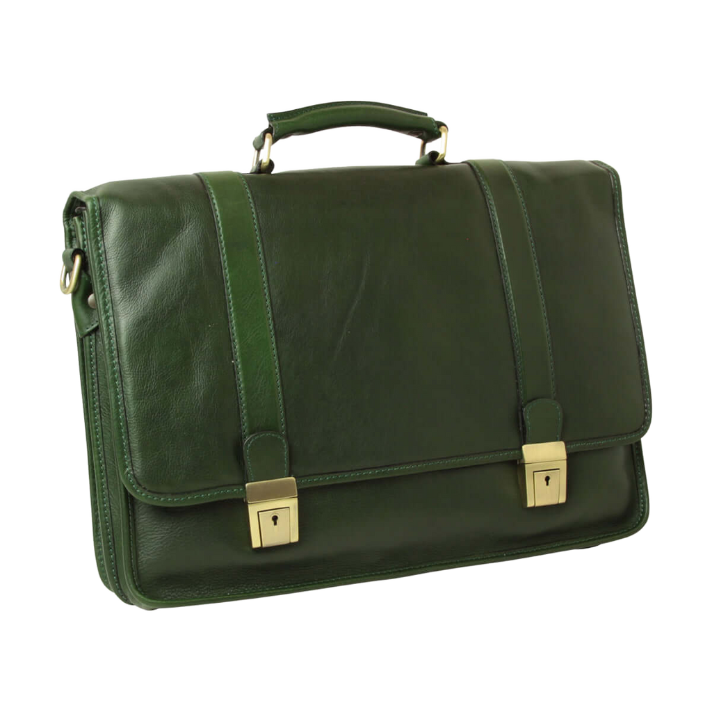 Cartella in pelle verde con maniglie e chiusura con fibbie dorate