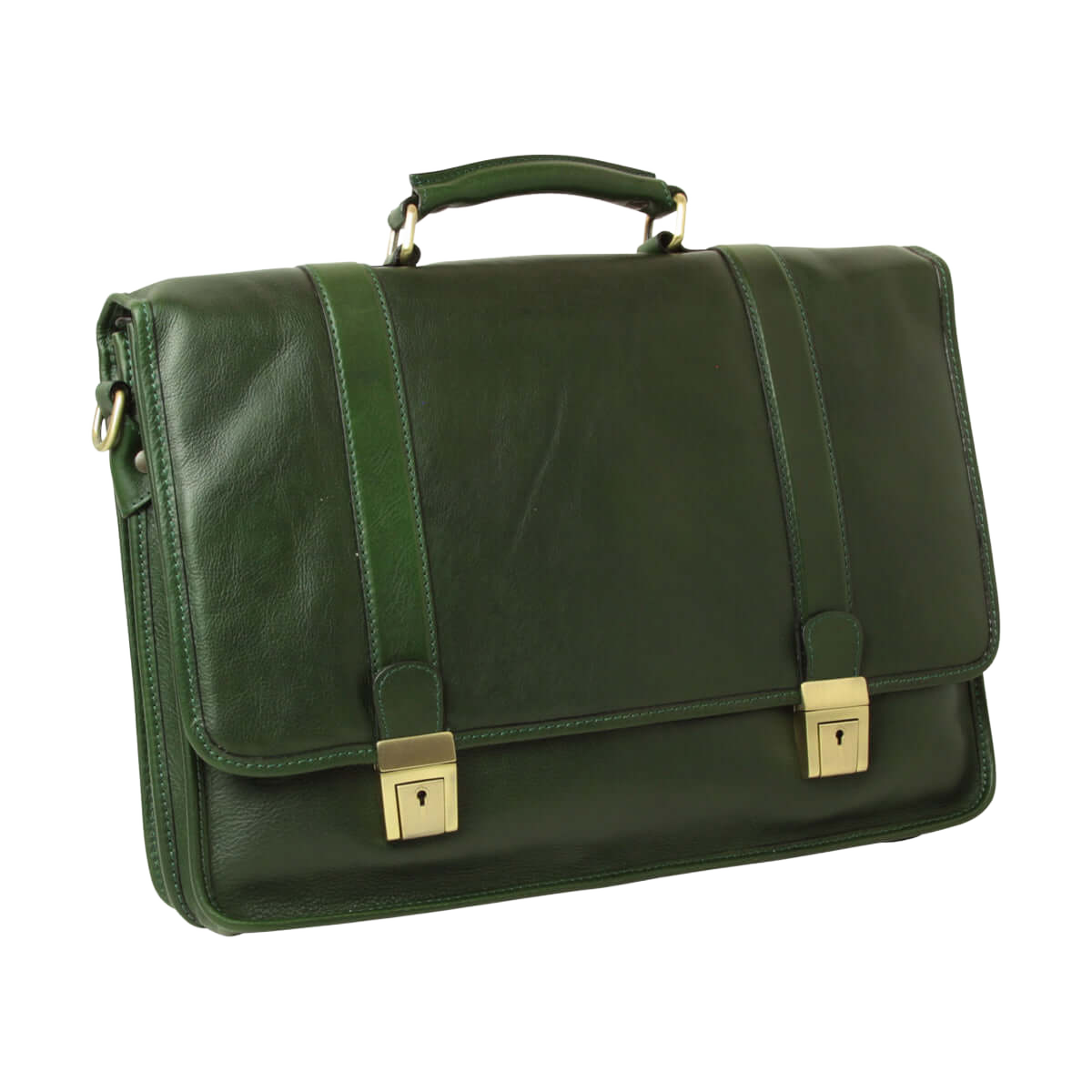 Cartella in pelle verde con maniglie e chiusura con fibbie dorate