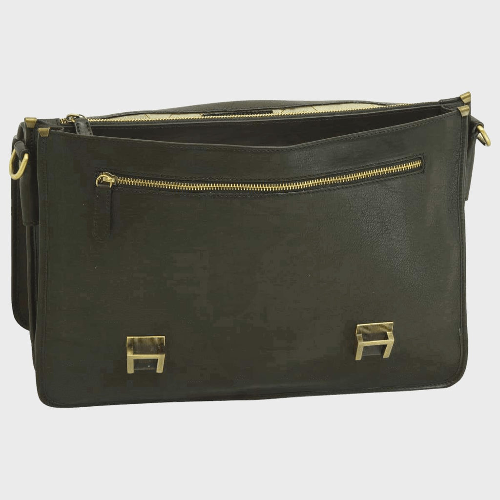 Cartella in pelle con zip superiore e fibbie metalliche, tasca frontale e maniglia