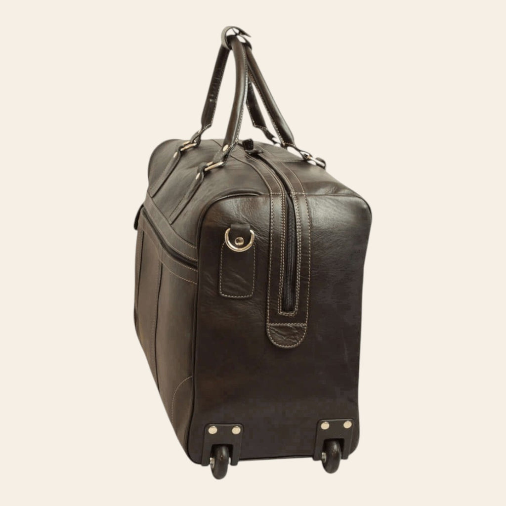 Borsone da viaggio in pelle marrone scuro con ruote e manico trolley retrattile