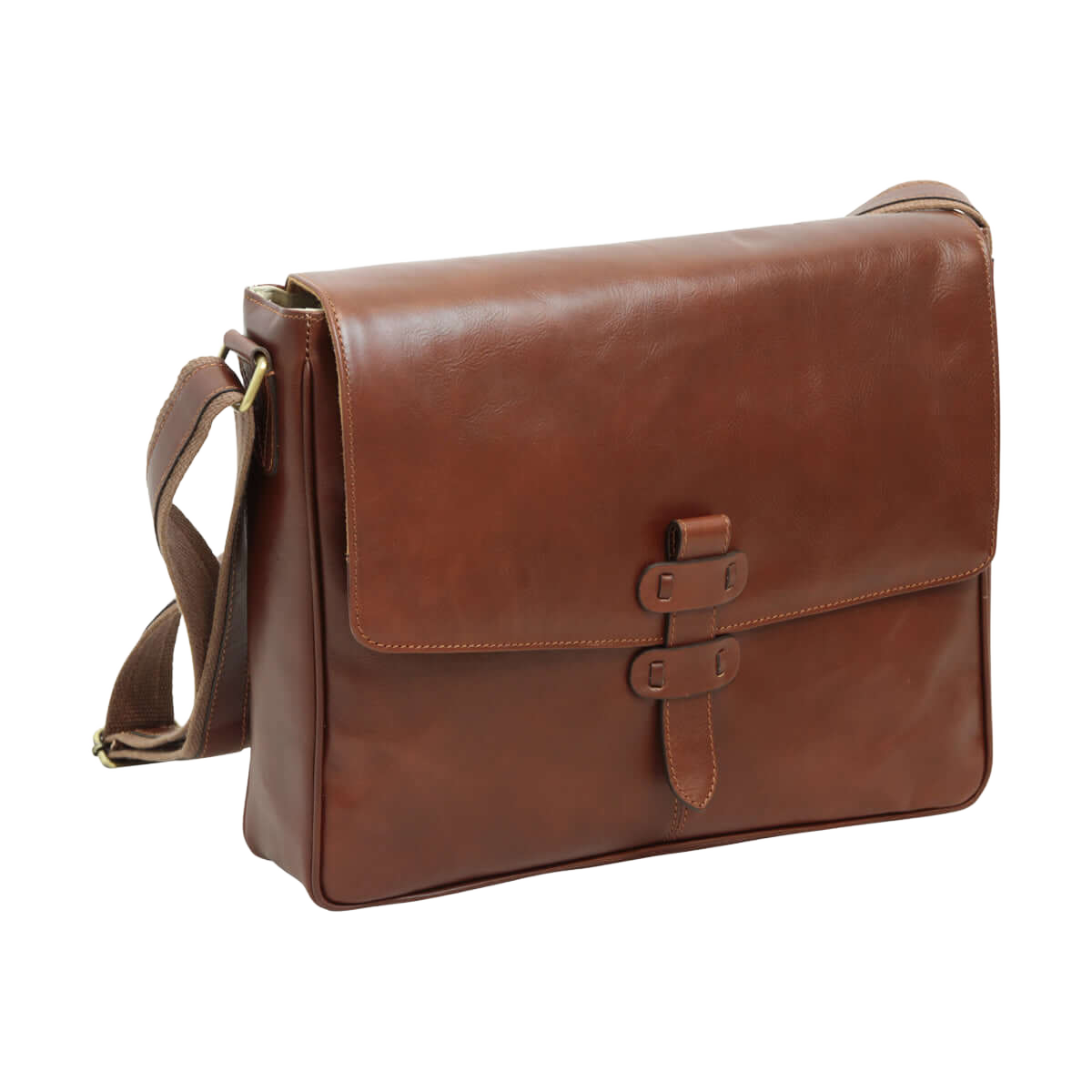 Borsa messenger in pelle marrone con pattina frontale e chiusura fibbia, tracolla