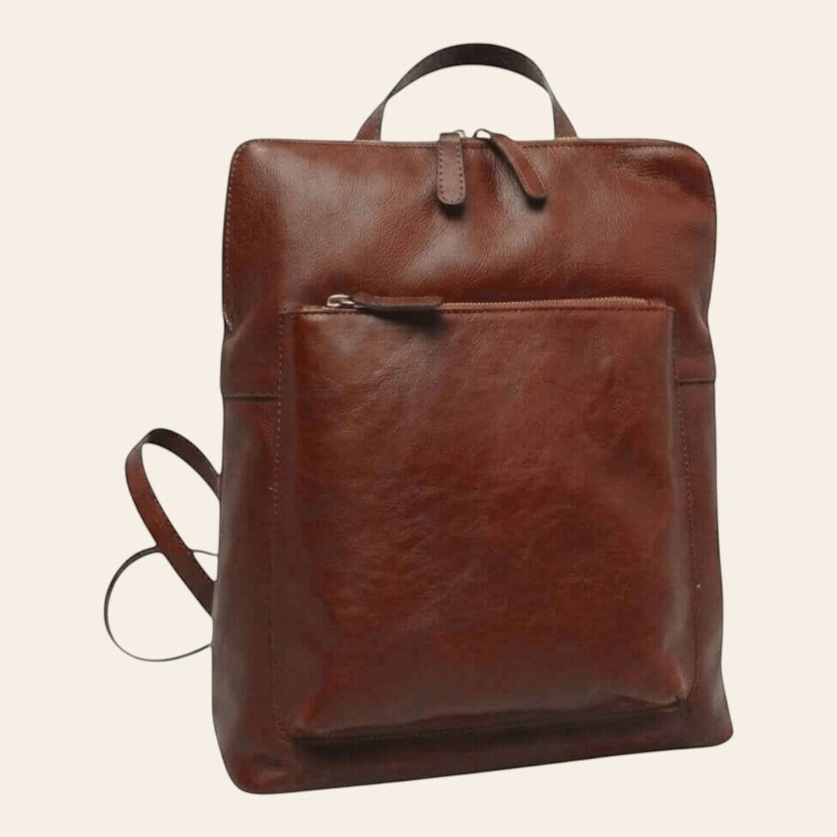 Zaino in pelle marrone artigianale con tasca frontale e zip superiore Old Angler