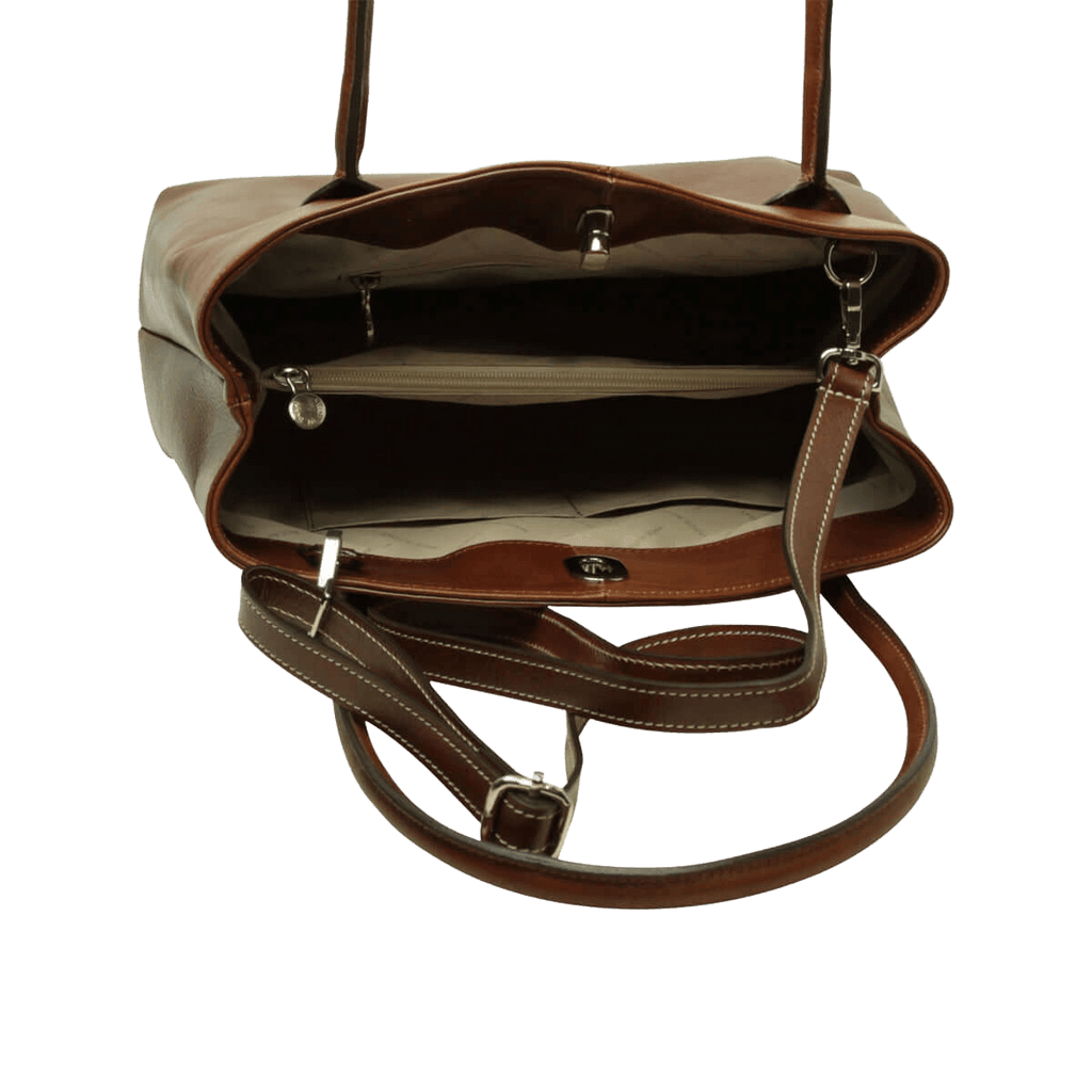 Borsa tote in pelle marrone aperta con fodera chiara e tracolla regolabile