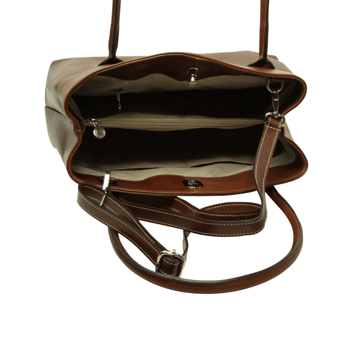 Borsa tote in pelle marrone aperta con fodera chiara e tracolla regolabile