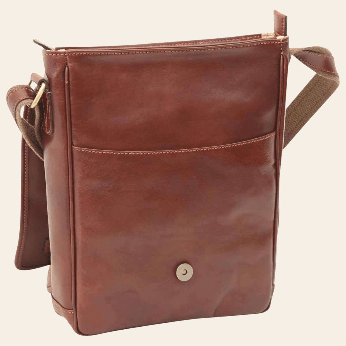 Borsa messenger marrone con chiusura magnetica tonda e tracolla laterale