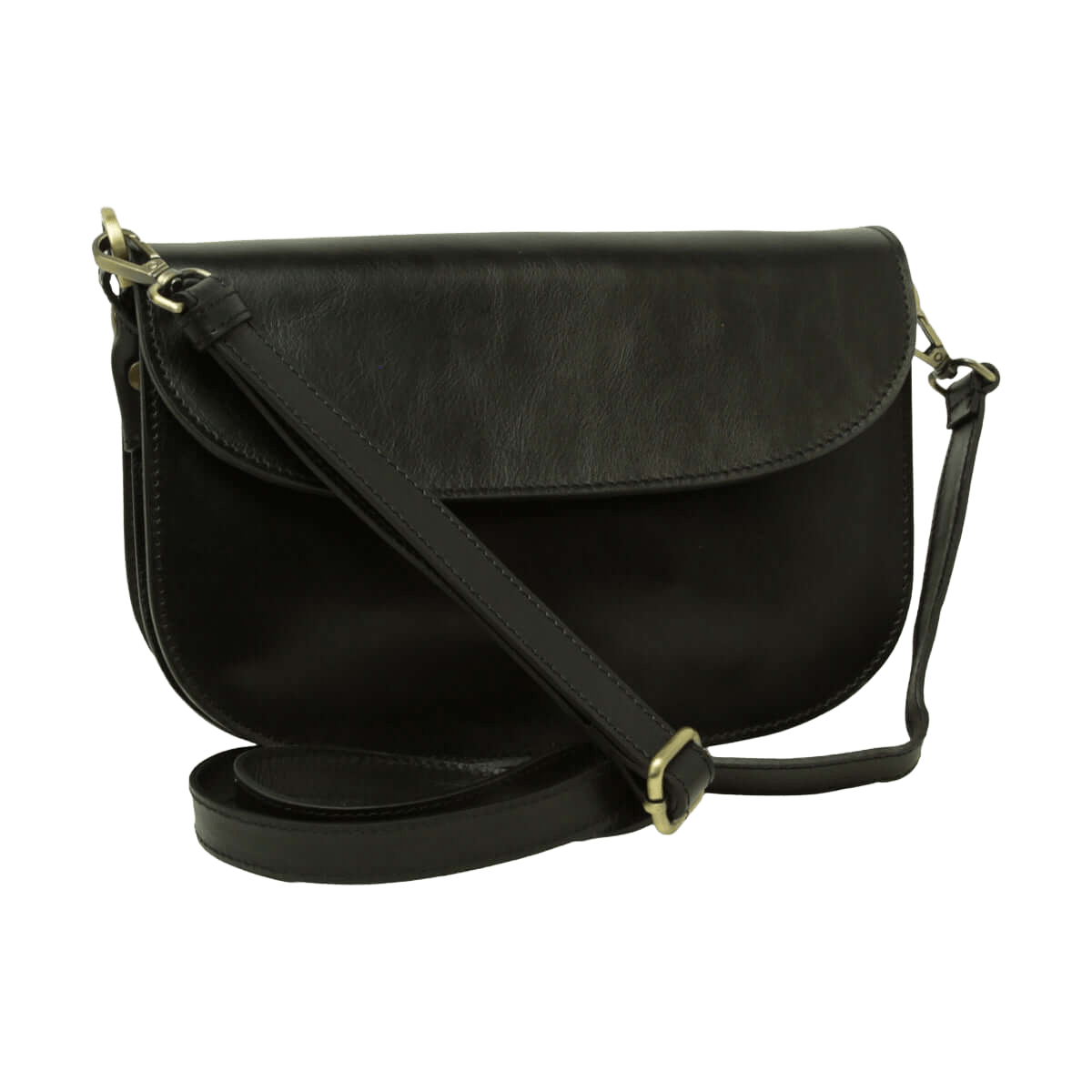 Borsa a tracolla nera in vitello con tracolla regolabile e cinturino frontale.