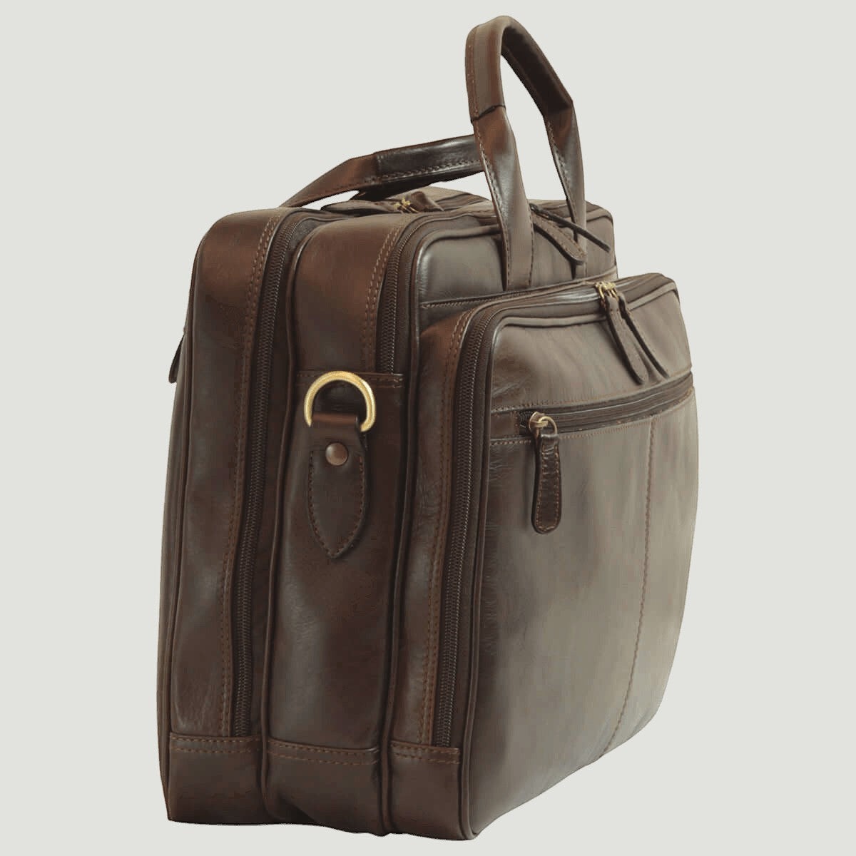 Borsa da laptop uomo in pelle marrone scuro, tasche laterali con zip e manico superiore