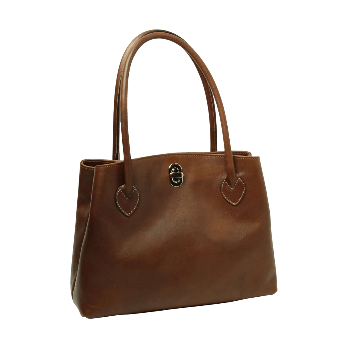 Borsa in pelle bicolore con due manici e fibbia centrale, tasche decorate a cuore