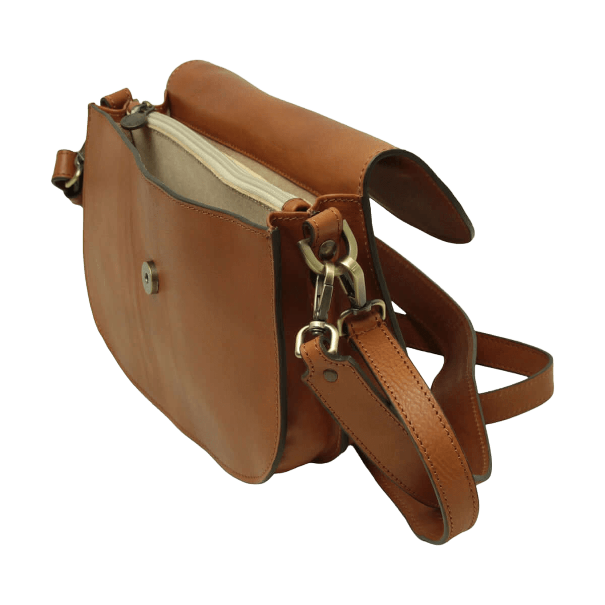 Borsa a tracolla in vitello color cognac con pattina e tracolla regolabile