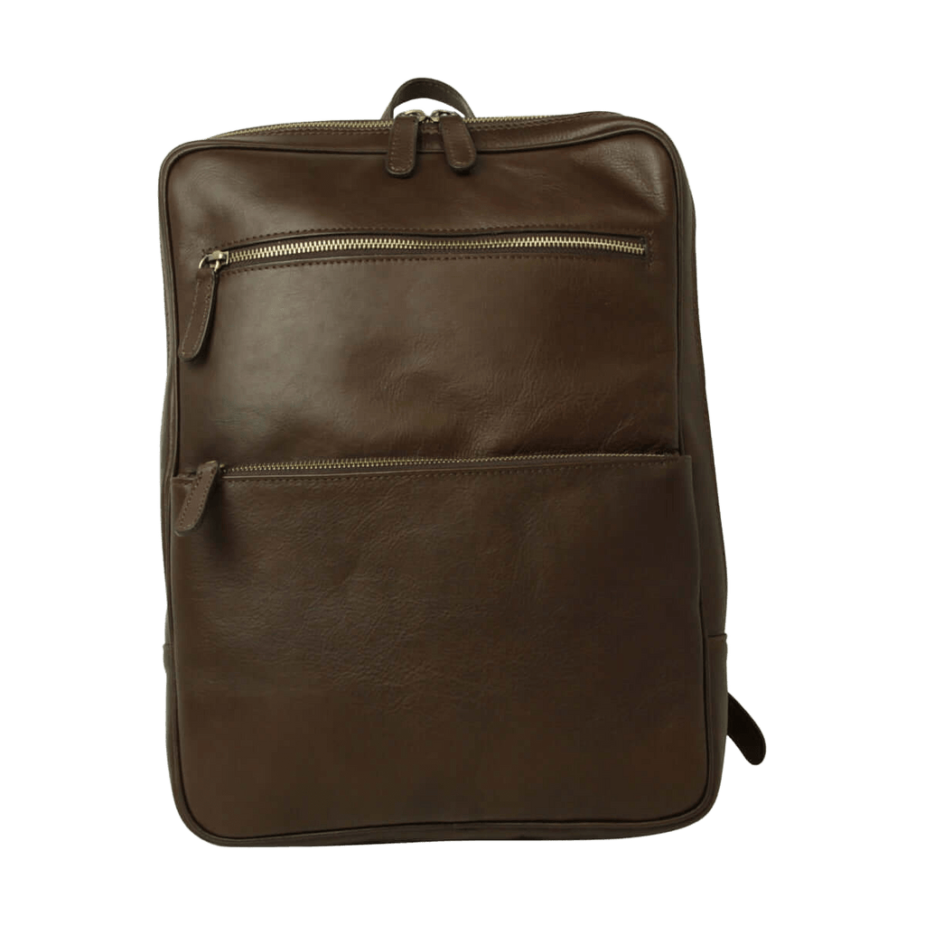 Zaino in pelle marrone scuro con chiusura zip frontale e maniglia superiore