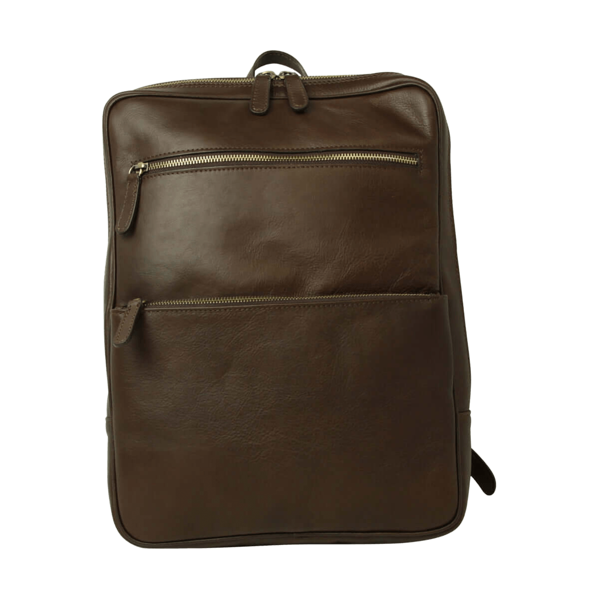 Zaino in pelle marrone scuro con chiusura zip frontale e maniglia superiore