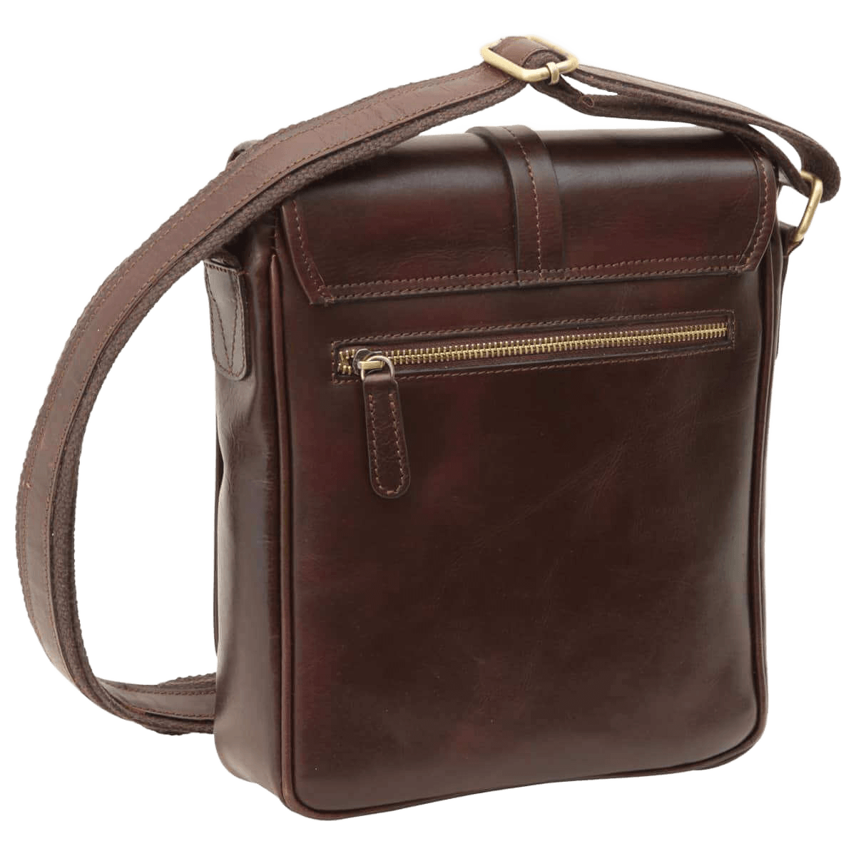 Tracolla messenger marrone scuro con tasca frontale a zip e manico ad anello.