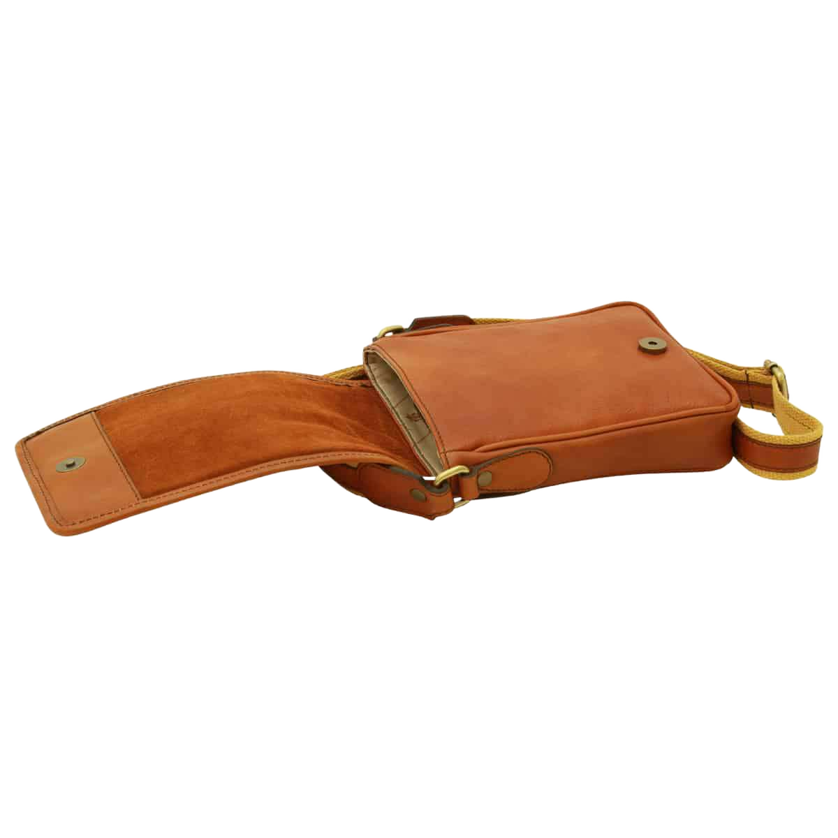 Borsa uomo tracolla in pelle marrone con tracolla gialla e fibbia