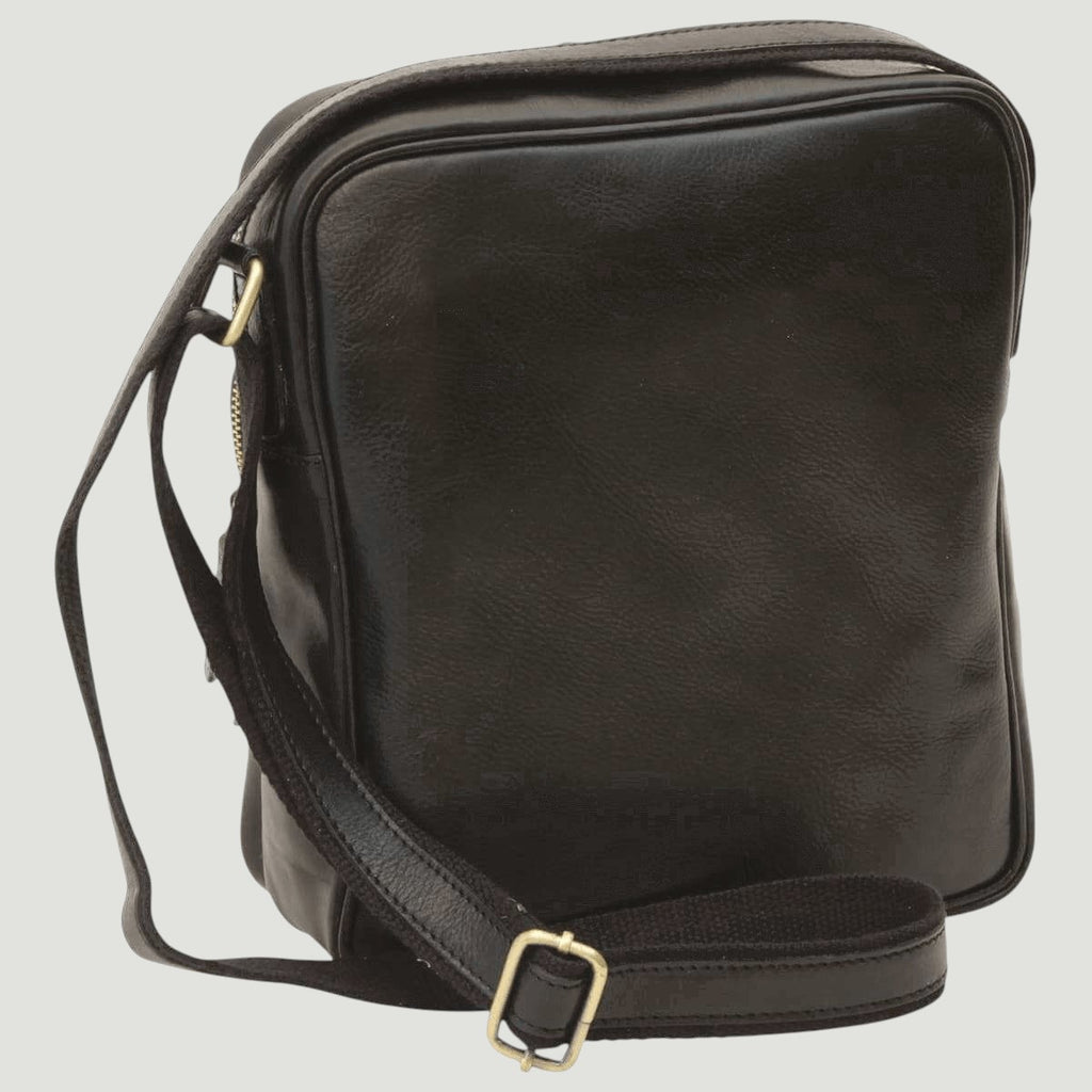 Borsa messenger in pelle nera piccola con zip e base sagomata