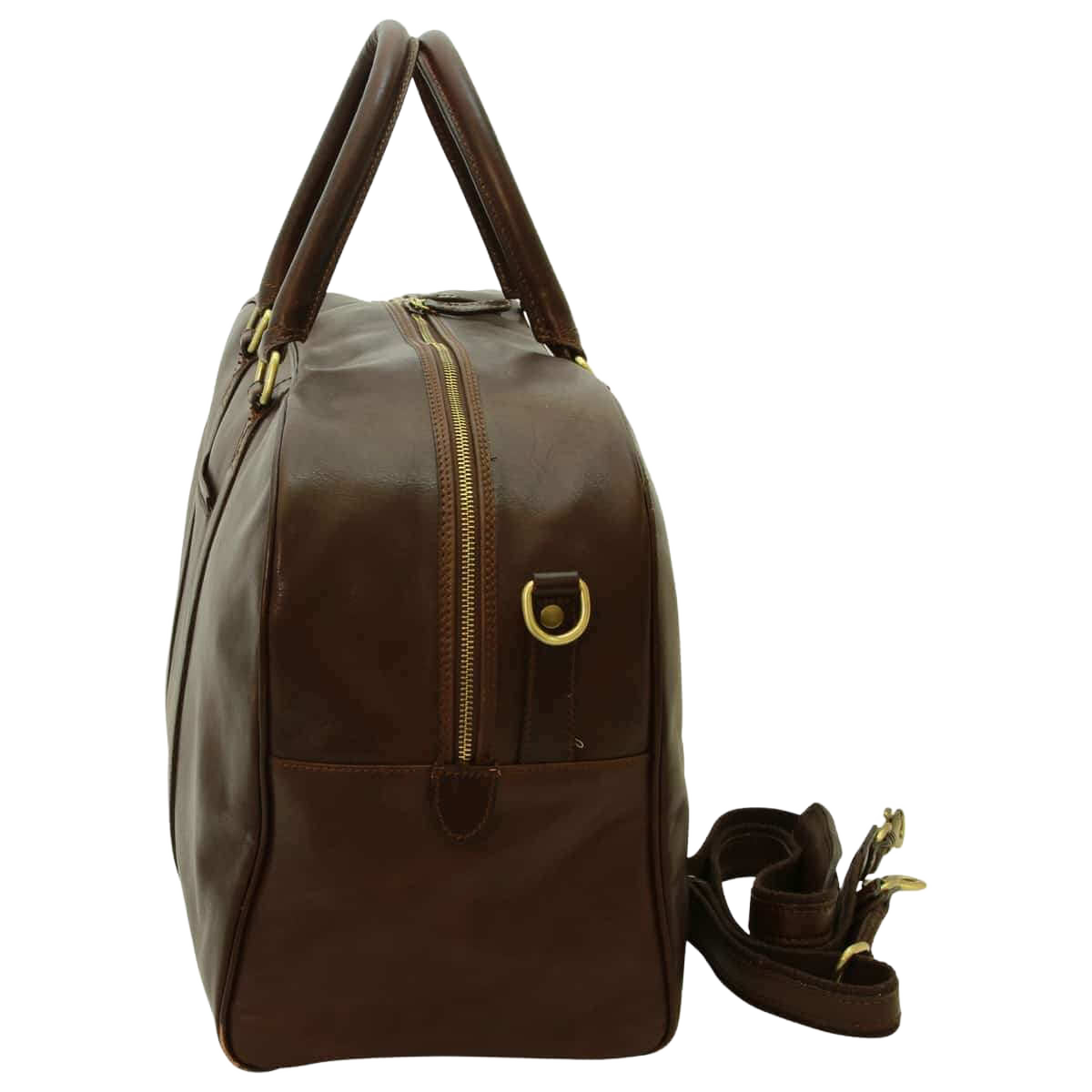 Borsone da viaggio in pelle marrone scuro con zip centrale e piccolo organizer laterale