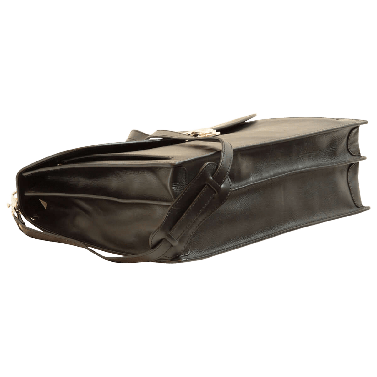 Borsa in pelle nera da uomo con tracolla, fondo e profilo laterale in vista.