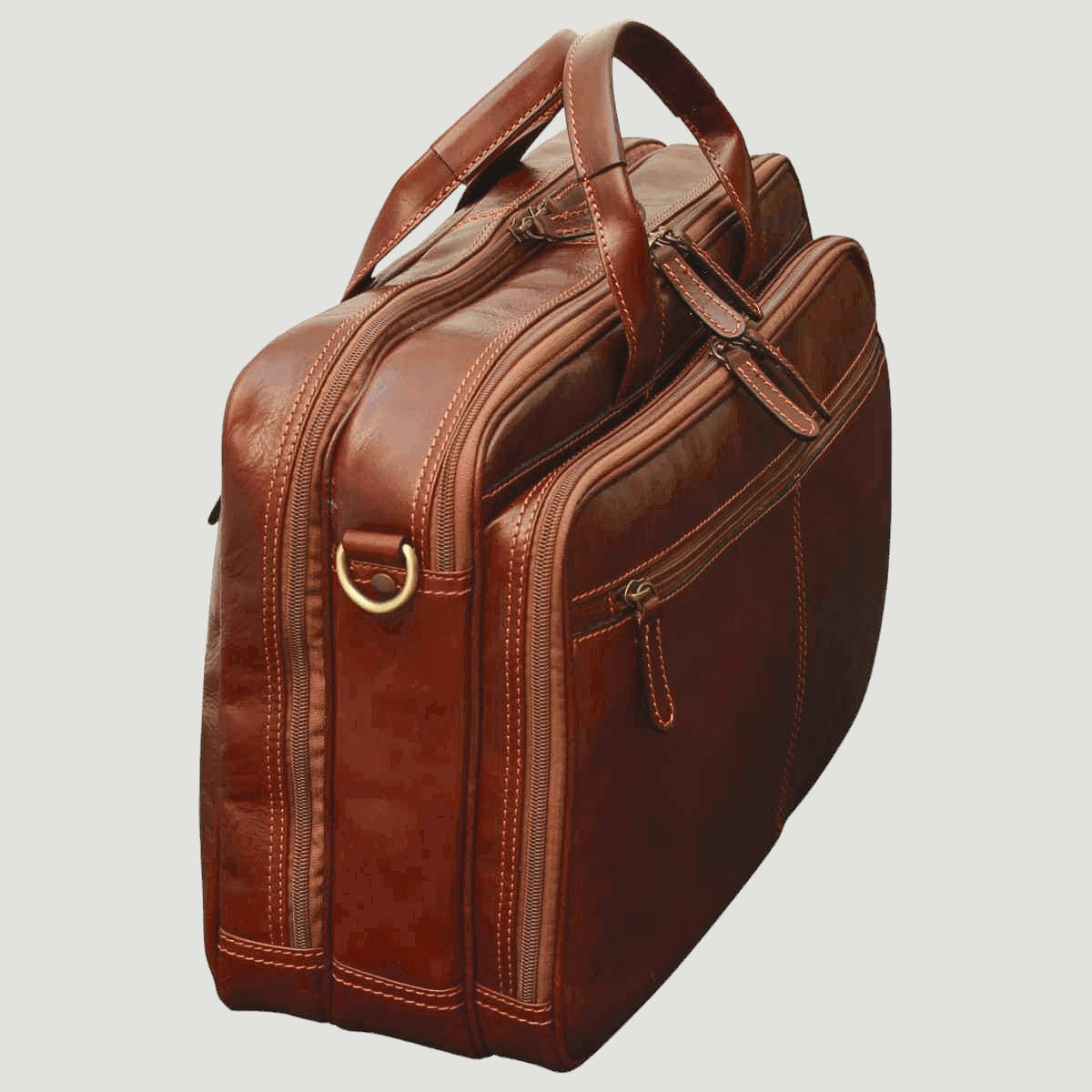 Borsa per laptop in pelle marrone, manici doppi e dettagli cuciture frontali