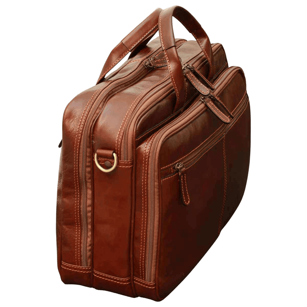 Borsa da laptop in pelle marrone con cerniere laterali e maniglia superiore