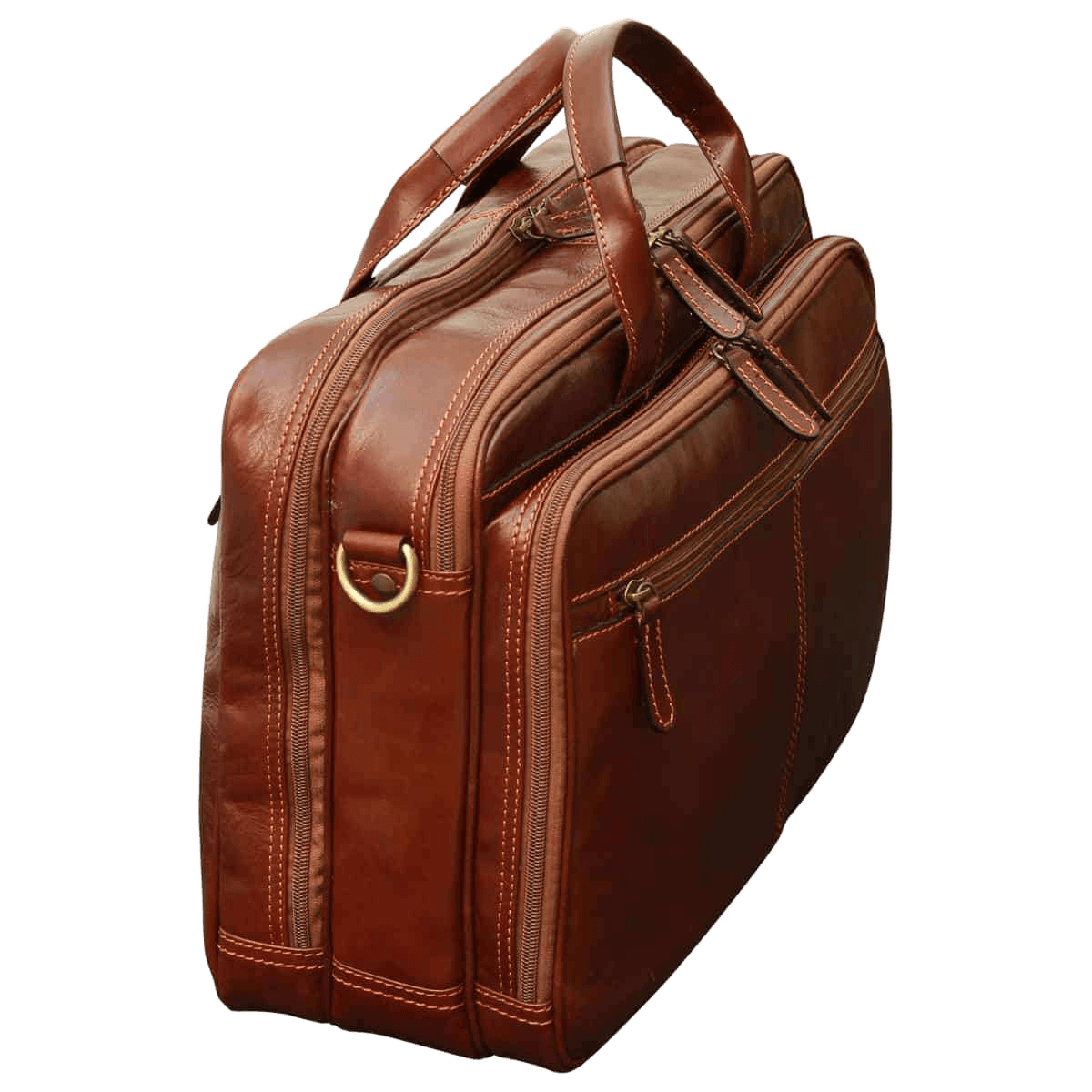 Borsa da laptop in pelle marrone con cerniere laterali e maniglia superiore