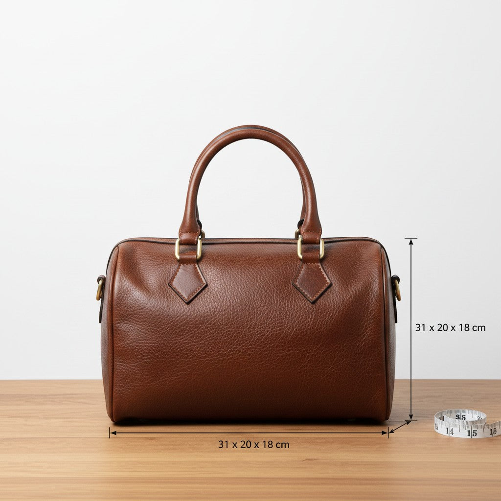 Bauletto in pelle marrone con due manici e dettagli metallici