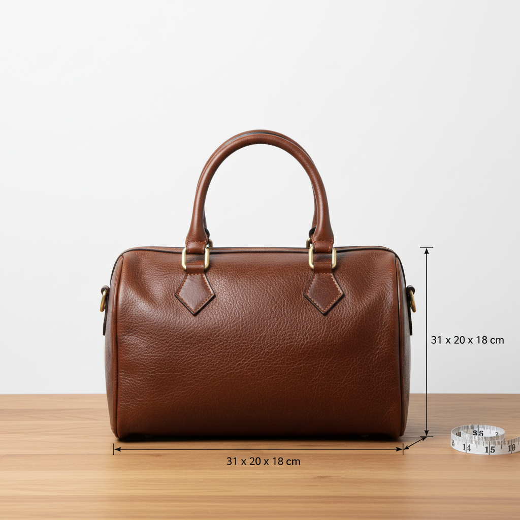 Bauletto in pelle marrone con due manici e dettagli metallici