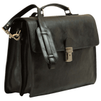 Borsa porta PC in pelle nera con tracolla laterale e fibbia frontale metallica