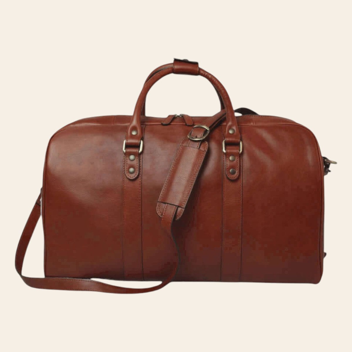 Borsa da viaggio in pelle artigianale color mogano, manici e tracolla con fibbie