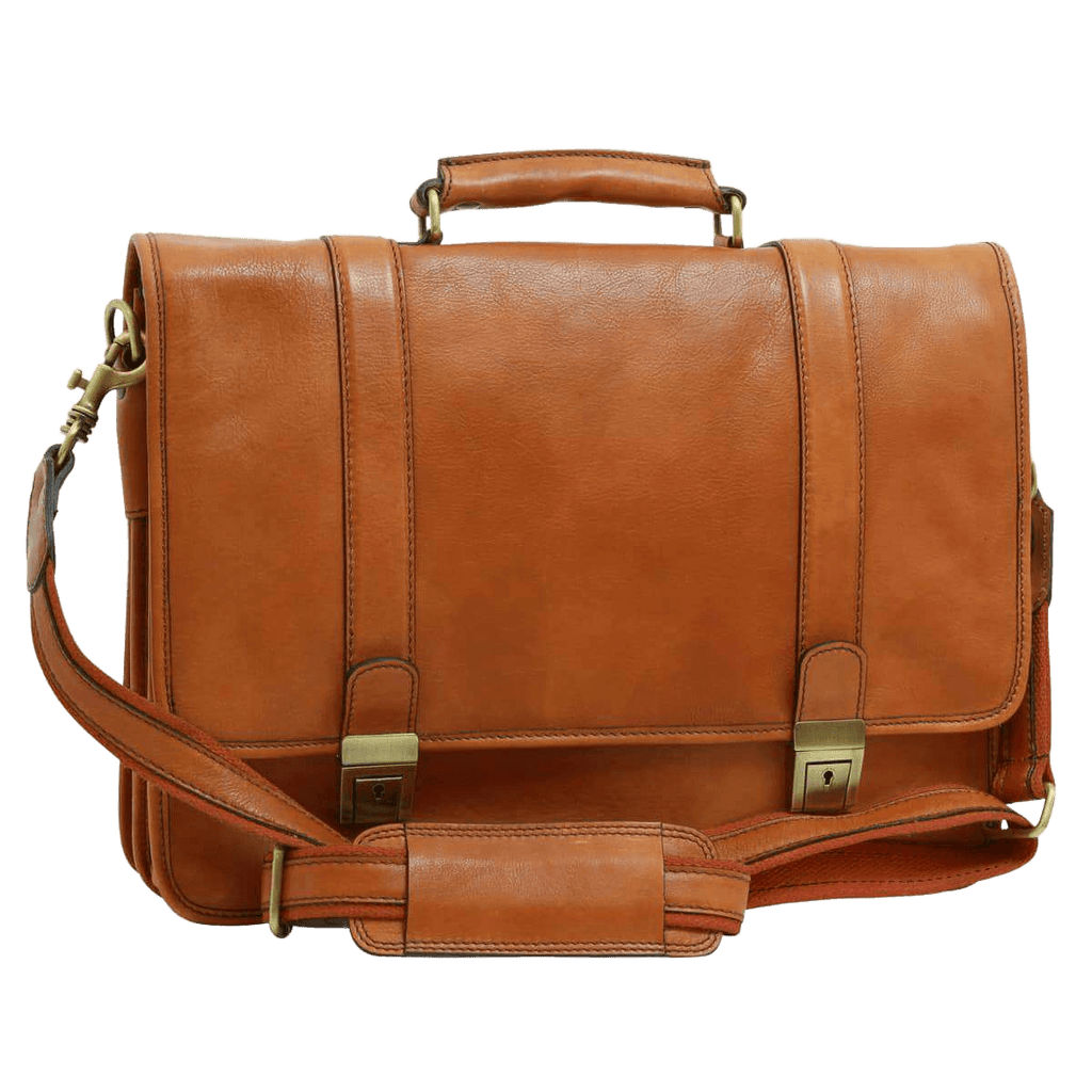 Cartella in pelle di vitello marrone con patta frontale e fibbie in ottone
