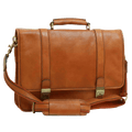 Cartella in pelle di vitello marrone con patta frontale e fibbie in ottone