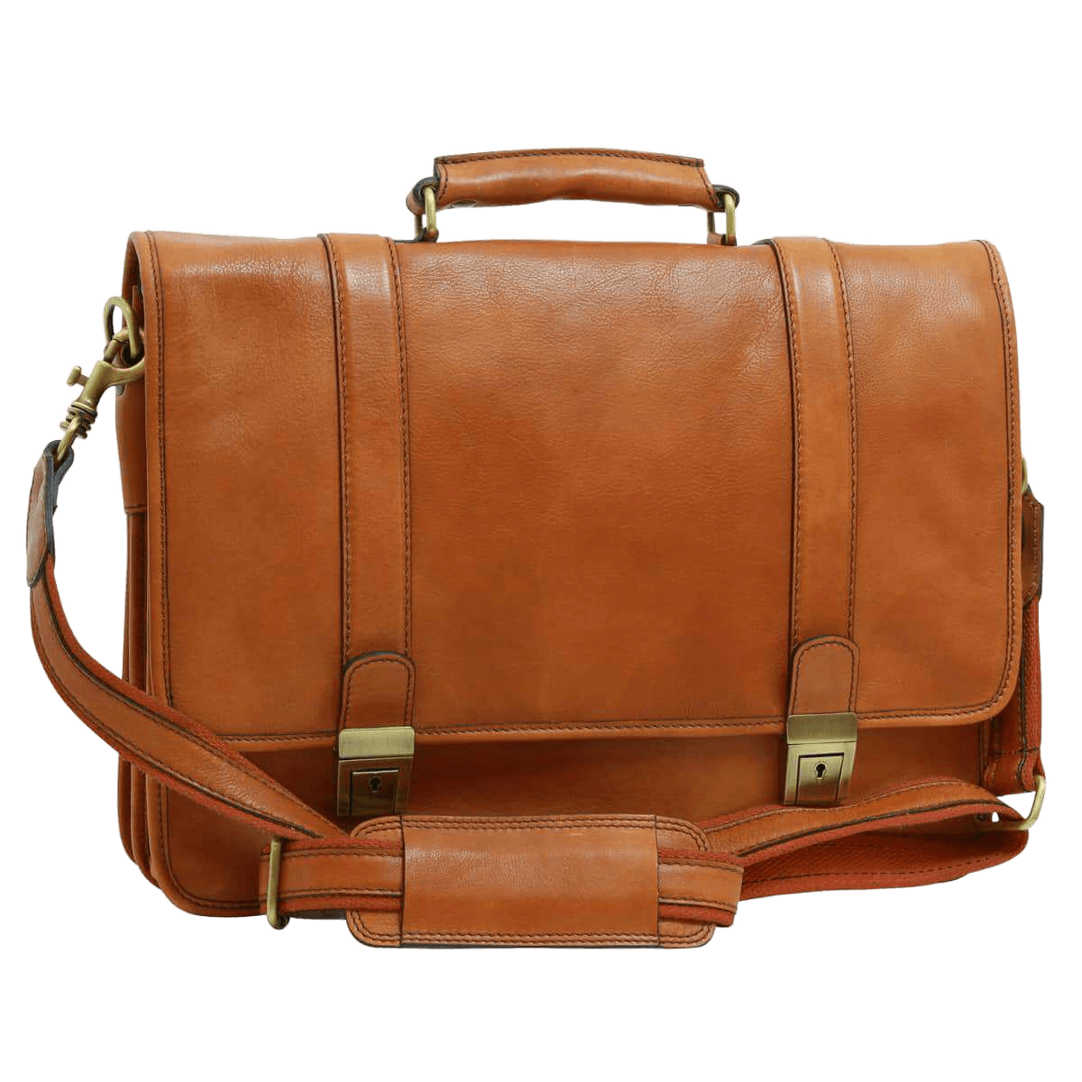 Cartella in pelle di vitello marrone con patta frontale e fibbie in ottone