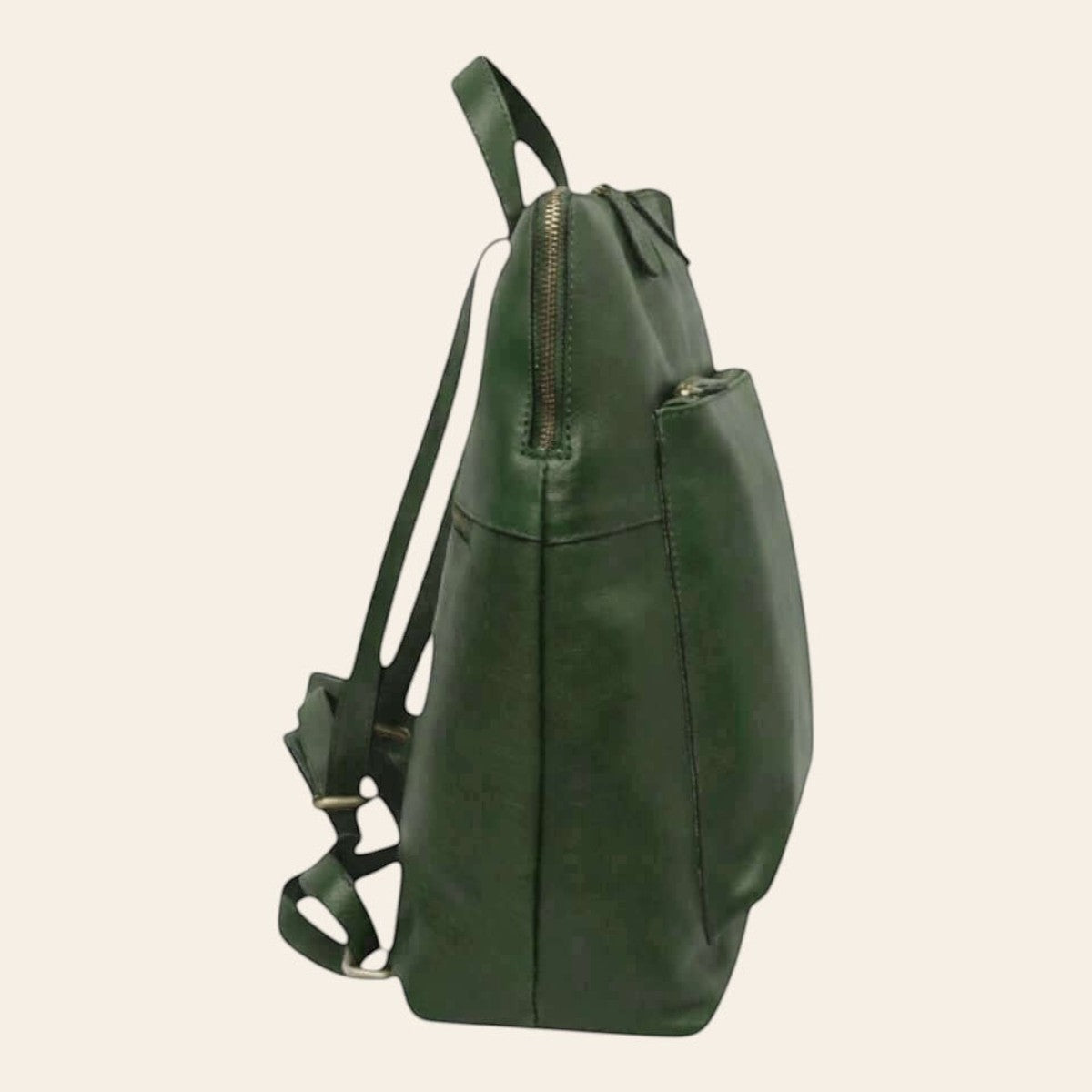 Sac à dos en cuir de veau pleine fleur vert, avec zip vertical et bretelle
