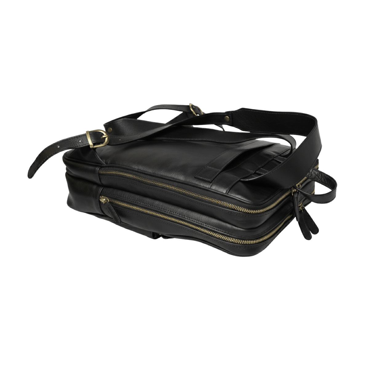 Zaino in pelle nero con tracolla regolabile e zip gialla frontale.