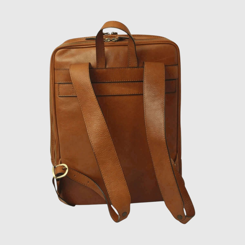 Zaino in pelle marrone con fascia per trolley e cinghie frontali