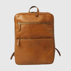Zaino in pelle marrone con fascia per trolley e doppia zip frontale