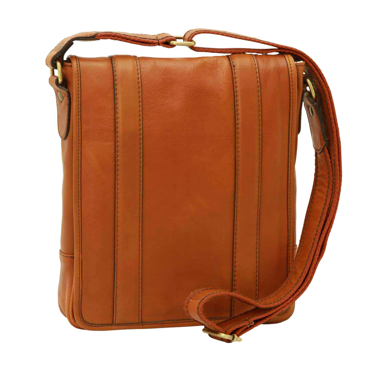 Borsa messenger in pelle color cognac con tracolla e dettagli cuciti verticali