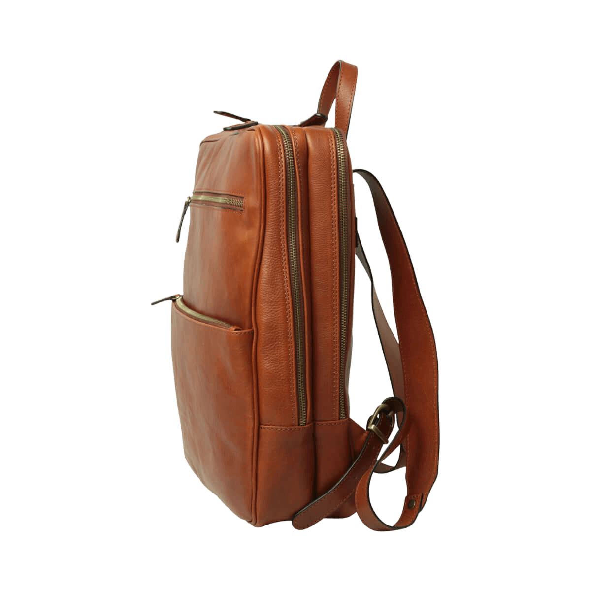 Zaino in pelle teak con fascia per trolley, zip verticale e spallacci posteriori.