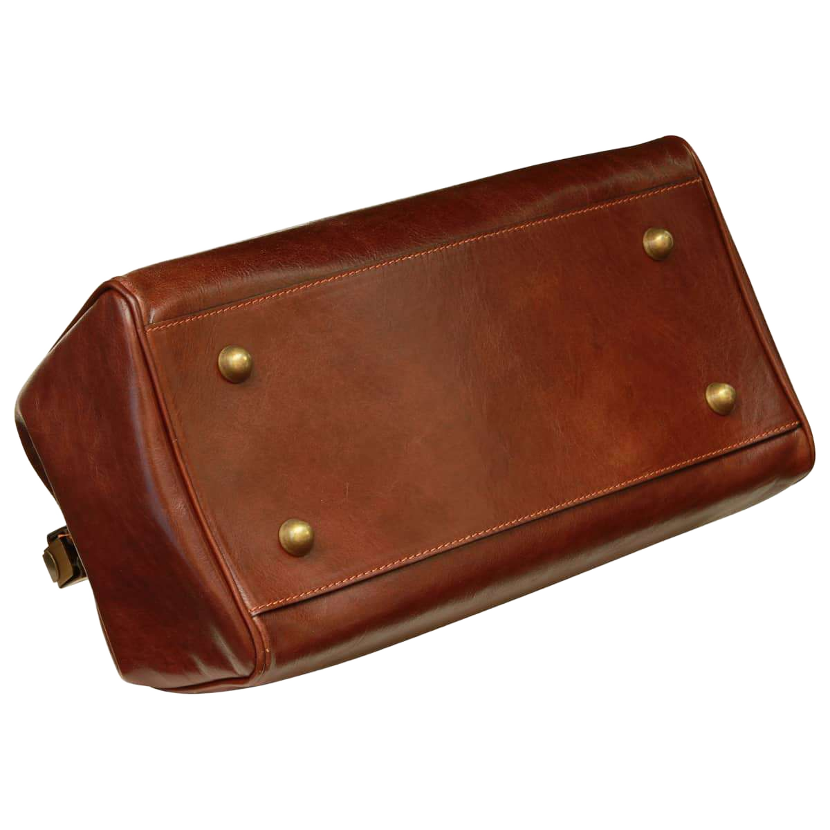 Borsa in pelle marrone con tasca posteriore e quattro bottoni dorati, cerniera superiore