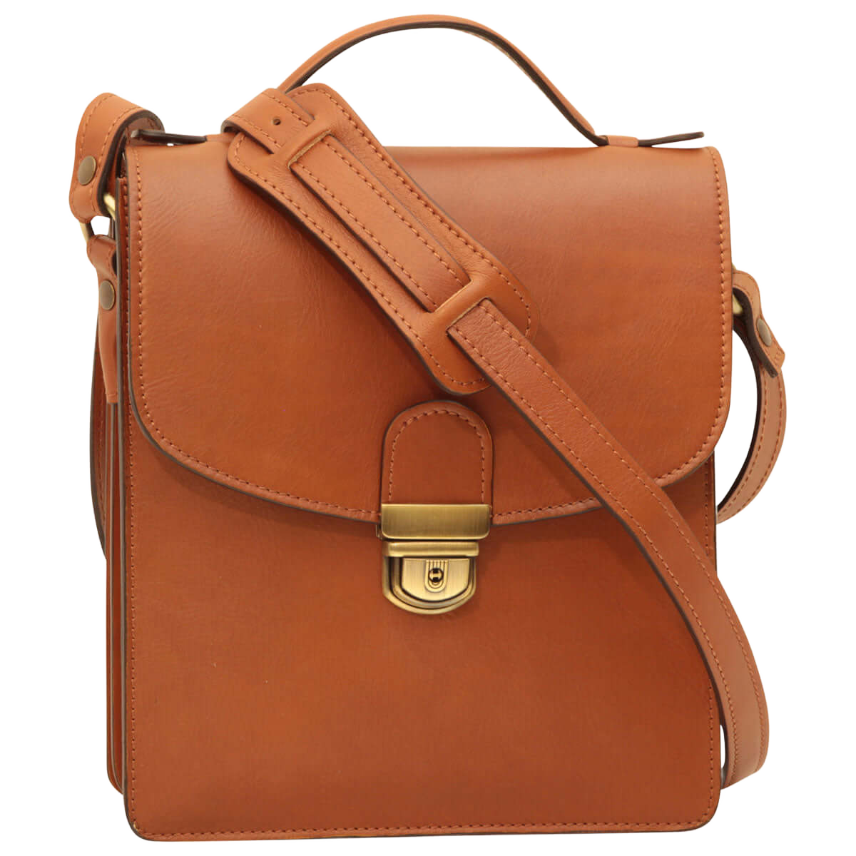 Borsa a tracolla in pelle marrone con patta frontale e fibbia dorata