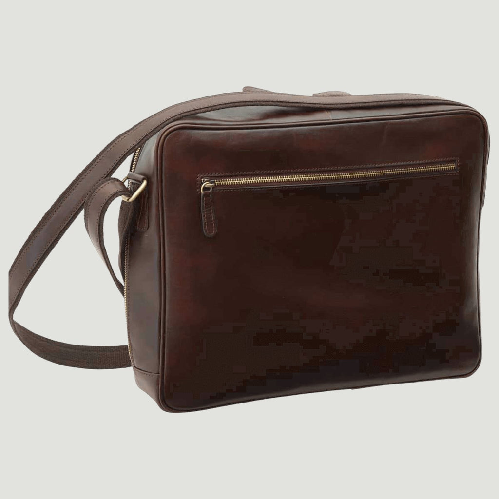 Borsa messenger in pelle pieno fiore marrone scuro con zip superiore e tracolla