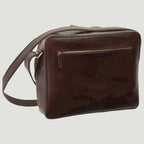 Borsa messenger in pelle pieno fiore marrone scuro con zip superiore e tracolla