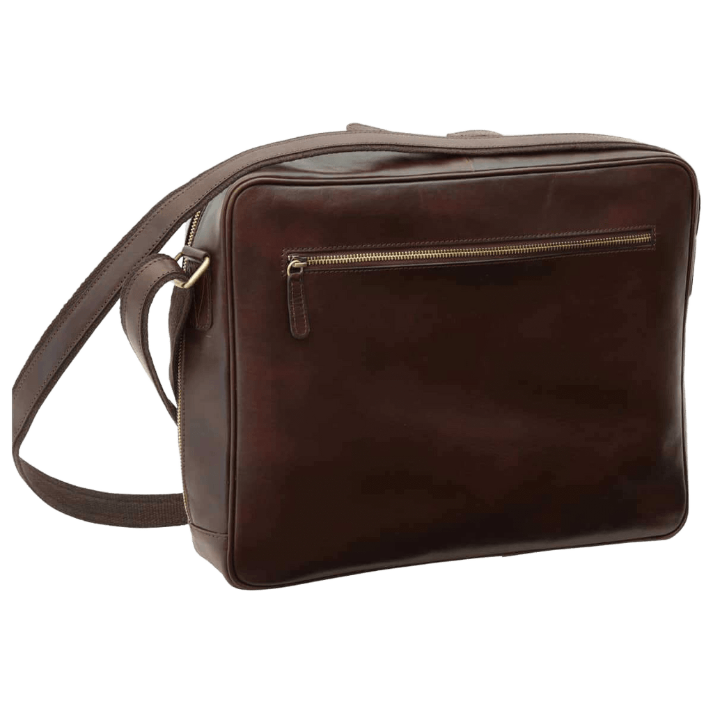 Borsa messenger in pelle pieno fiore marrone scuro, chiusura zip e tracolla