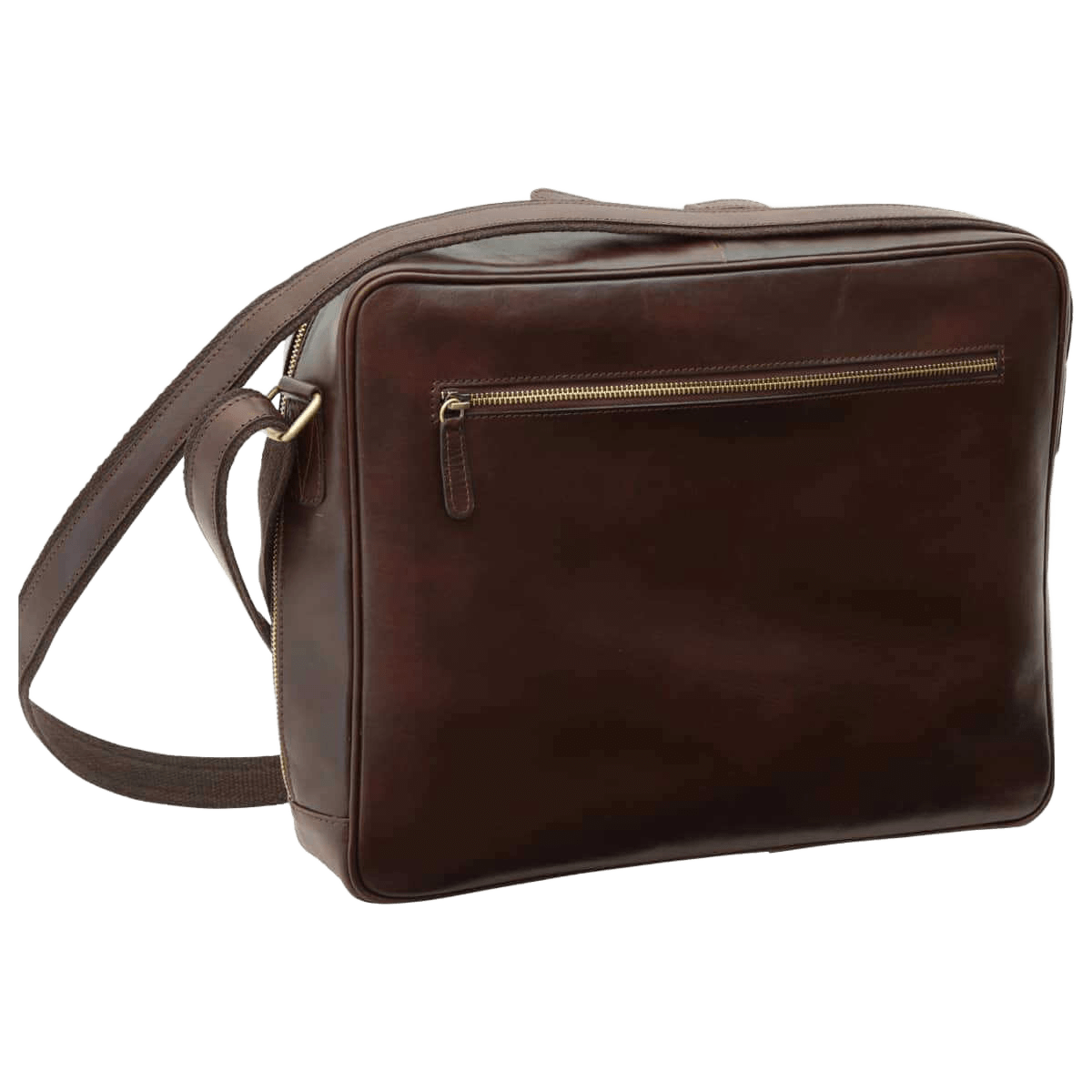 Borsa messenger in pelle pieno fiore marrone scuro, chiusura zip e tracolla