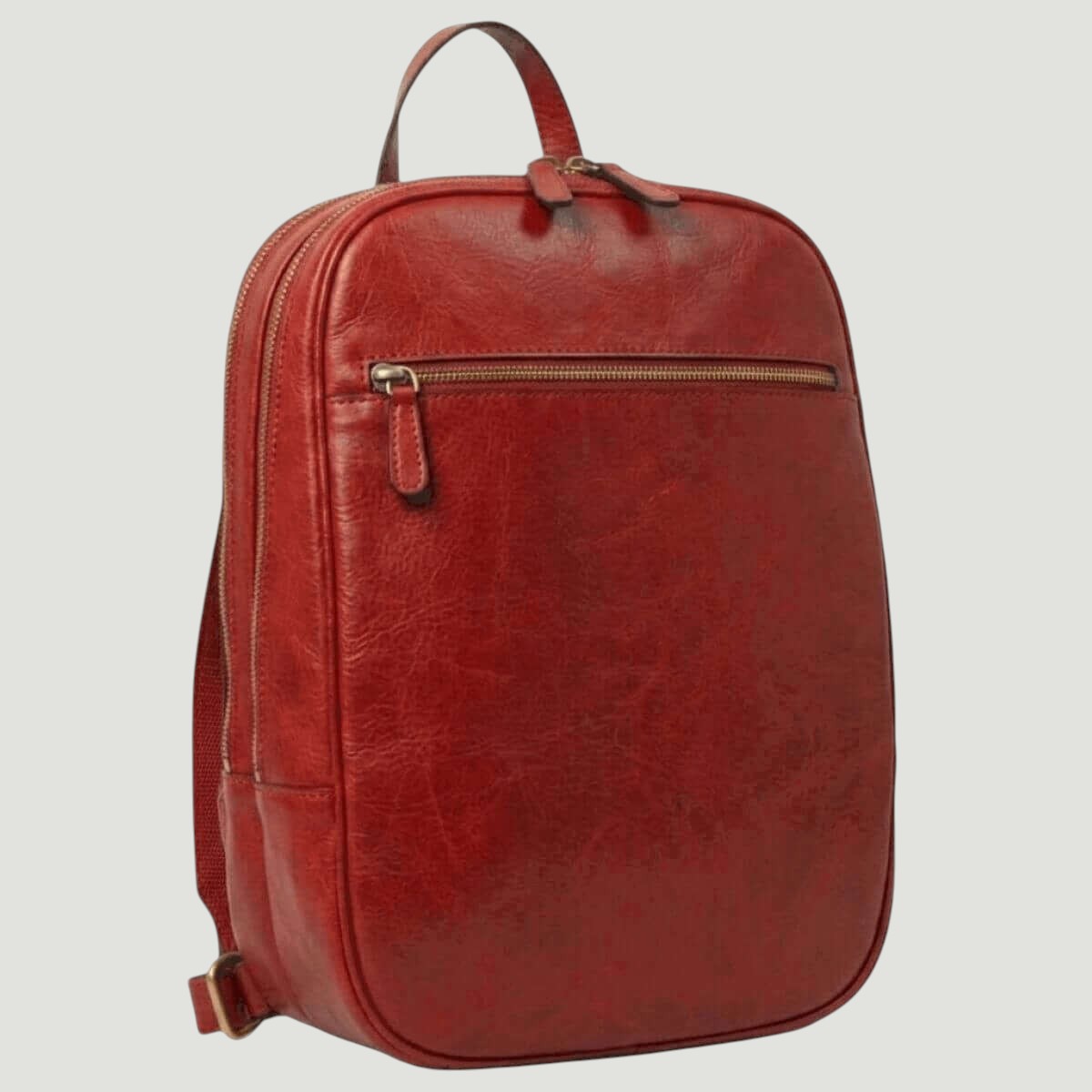 Zaino in pelle di vitello rossa con tasca frontale e zip, manico e tracolla