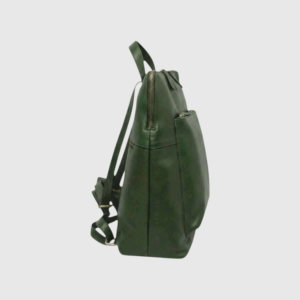 Zaino in pelle verde laterale con cerniera e tracolla regolabile