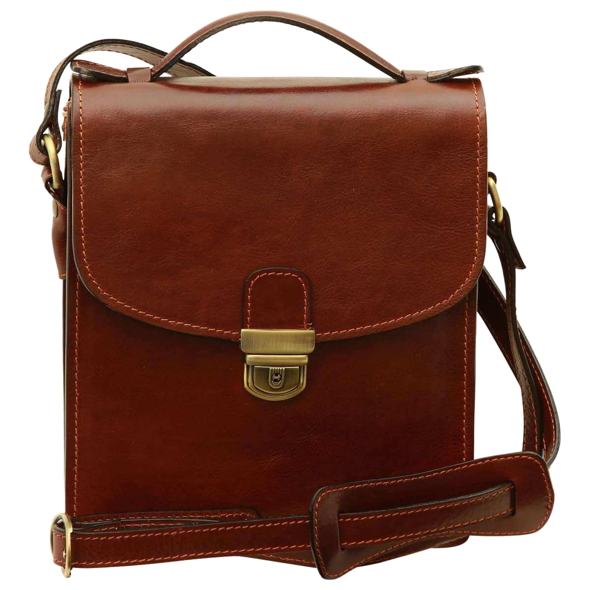 Borsa in pelle marrone con patta, chiusura centrale a fibbia e tracolla laterale