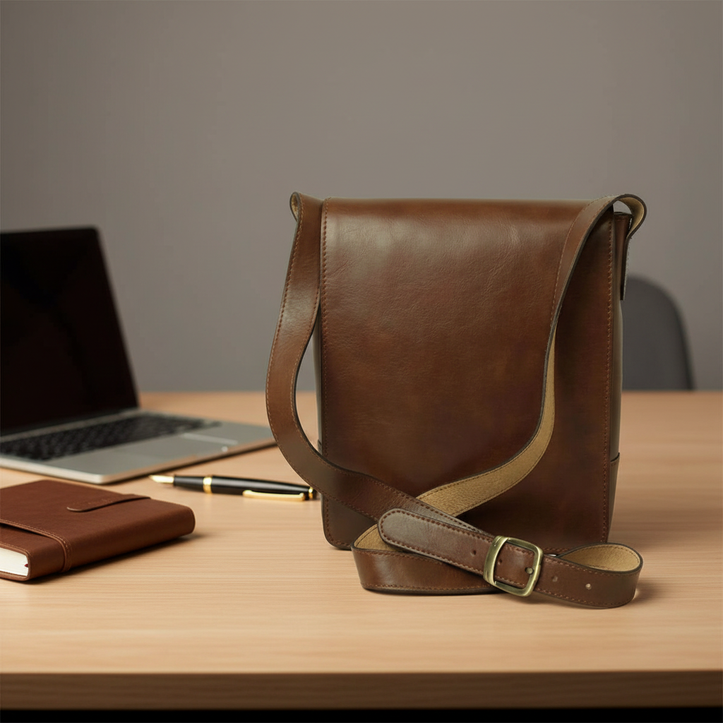 Borsa in pelle marrone con pattina e tracolla regolabile, fibbia verde.