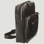 Borsa messenger in pelle nera piccola con doppia chiusura zip e tracolla