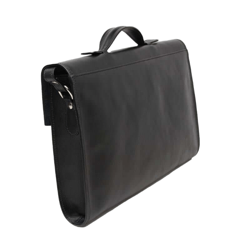 Borsa da ufficio in pelle nera con manico corto e tasca laterale con bottoni